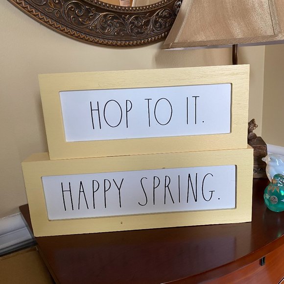 RAE DUNN Wood HOP TO IT + HAPPY SPRING Box SIGNS